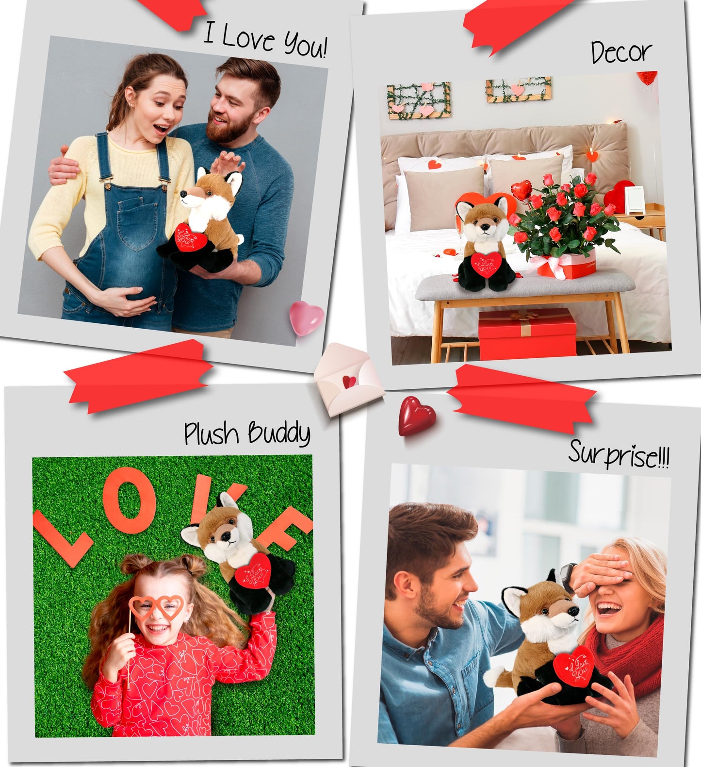 DolliBu I Love You Valentine Plush Floppy Fox - Cute Stuffed Animal with Red Heart and Name Personalization Gift for Valentines Day, Birthday, Anniversary, Romantic Date - 9 Inches