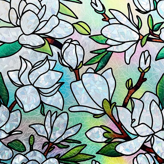 DKTIE Magnolia Pattern Stained Glass Window Film Floral Decorative Window Privacy Film with Rainbow Effect Front Door Bathroom Room Decor (S678, 17.7in X 118.1in)