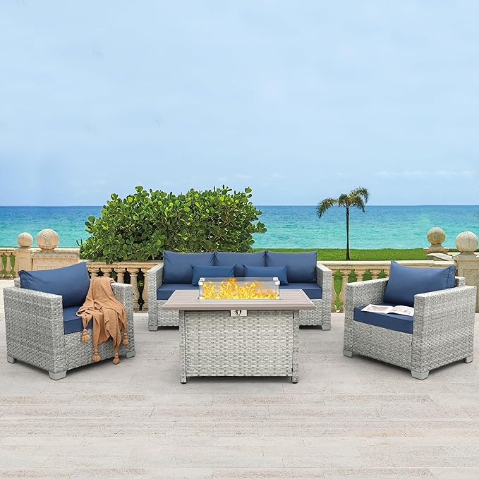 WAROOM Patio Furniture Set 4 Piece Wicker Conversation Sets PE Rattan Chair Outdoor Couch Sectional Sofa with Fire Pit Table, Navy Blue Cushion