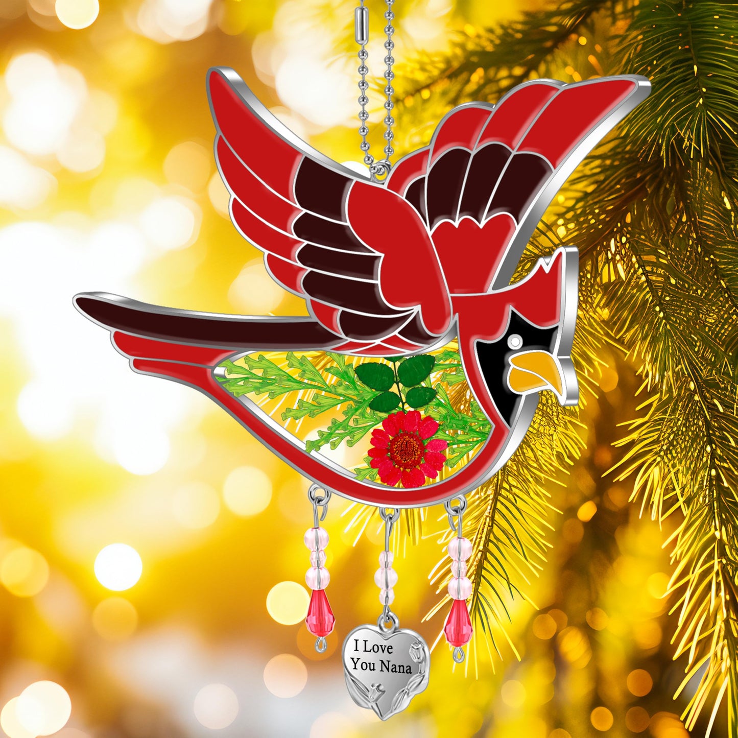 KY&BOSAM Cardinal Suncatcher I Love You Nana Gifts Stained Glass for Windows Hangings Wind Chime Ornament with Pressed Real Flowe and Heart Charm Birthday Gifts for Nana Women Mother's Day Christmas