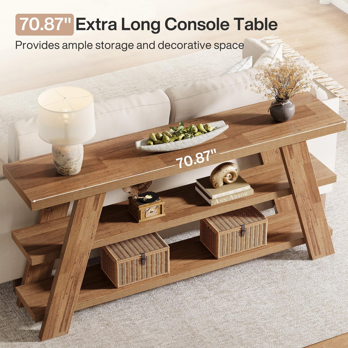 Tribesigns 70.9" Extra Long Console Table with Storage, 3-Tier Narrow Wooden Sofa Table Behind The Couch, Farmhouse Entry Foyer Table for Entryway, Living Room, Hallway, Brown