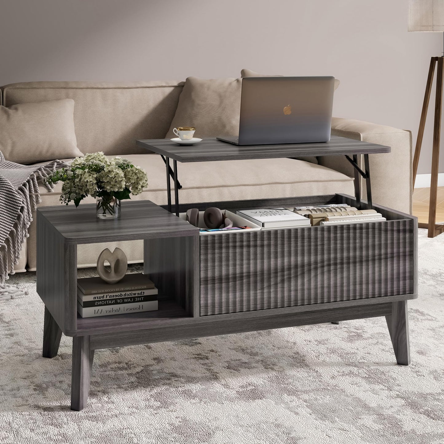 LYNCOHOME Fluted Lift Top Coffee Table with Storage,Modern Center Table for Living Room, Home Office（Grey）