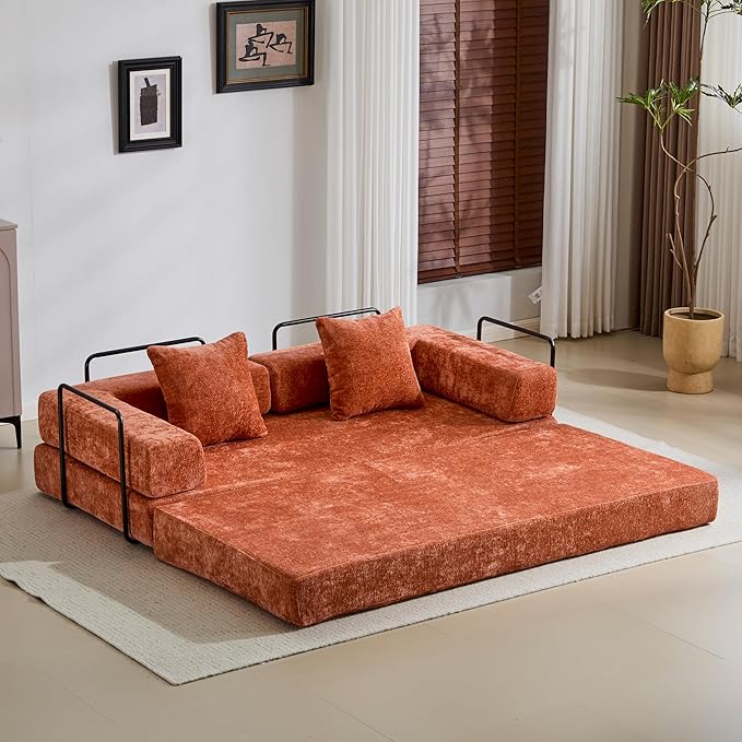 Convertible Couch Sofa Bed Foldable Floor Sleeper | Modern Fold Out Couch | Removable Backrest & Armrests | No Assembly Compression Sofa Sleeper for Living Room, Bedroom | Orange Chenille
