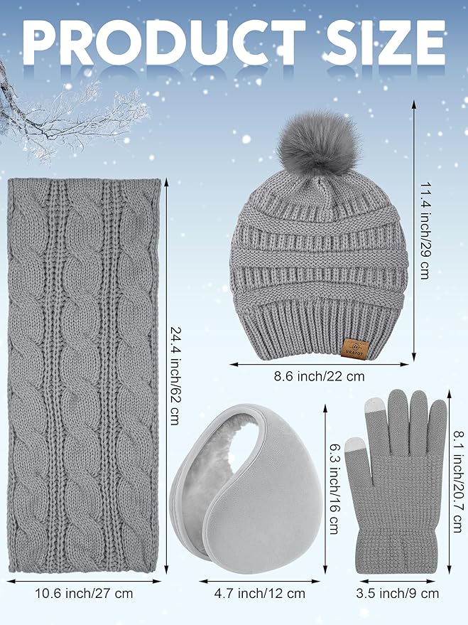 URATOT 4-In-1 Winter Warm Sets Knitted Scarf Touch Screen Gloves Beanie Pompom Hat and Winter Ear Warmer for Men or Women