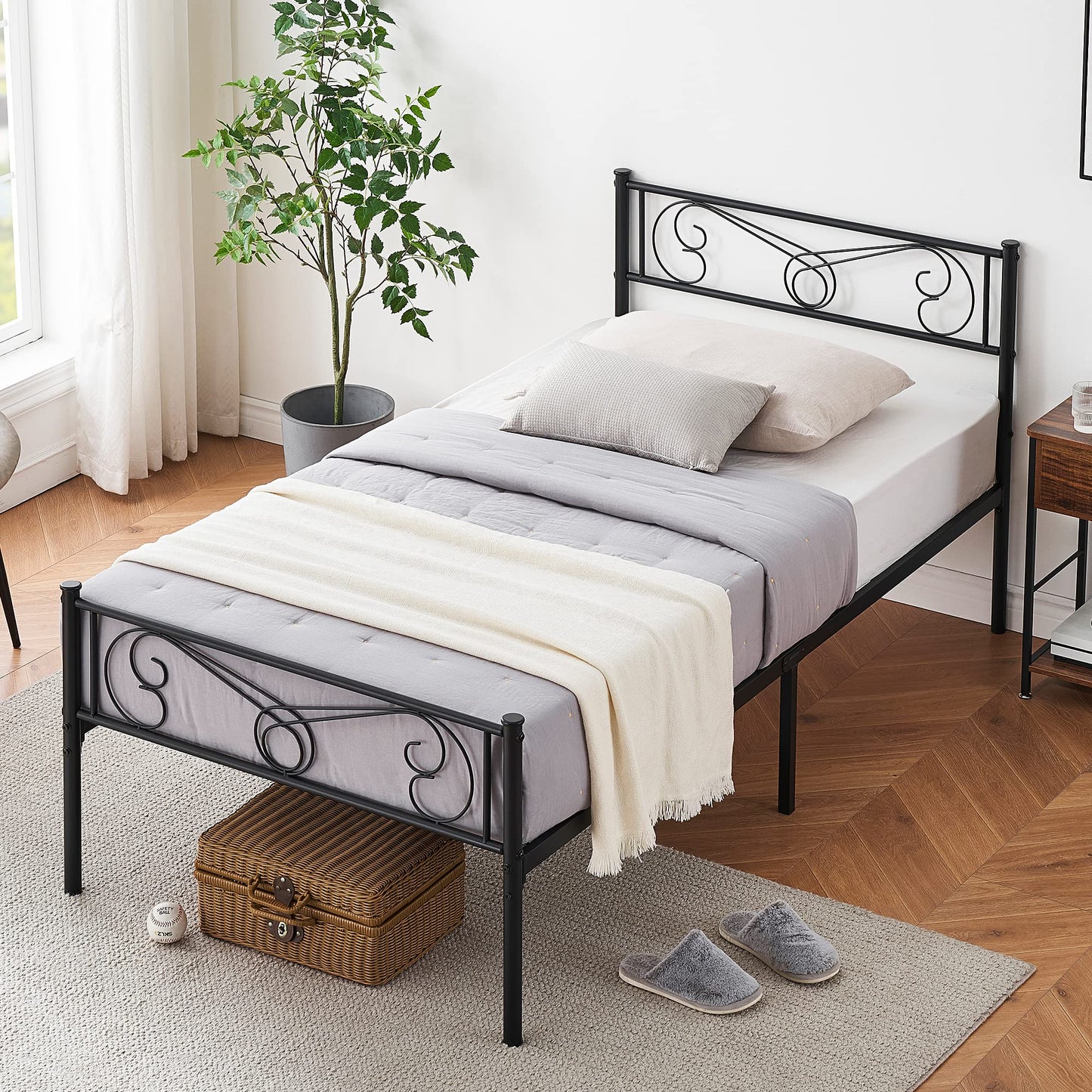 FinerFurnis Twin Size Metal Platform Bed Frame with Headboard and Footboard, No Box Spring Needed, Under Bed Storage Space, Mattress Foundation, Simple Assembly, Modern Style Bed Frame Platform