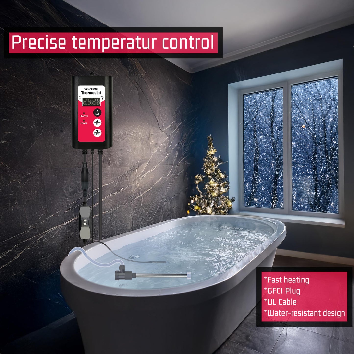 YLboyLIAN 240V 3000W Titanium Immersion Pool & Bathtub Water Heater Portable Electric Submersible Heater with Thermostat & GFCI for baptismal, Inflatable Pool, Above Ground Pool, Baptistry & Hot Tub