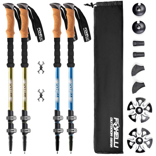 Foxelli Hiking Poles Bundle (2 Pairs) – Khaki & Blue Collapsible Lightweight Aircraft-Grade Aluminum Trekking Poles with Accessories