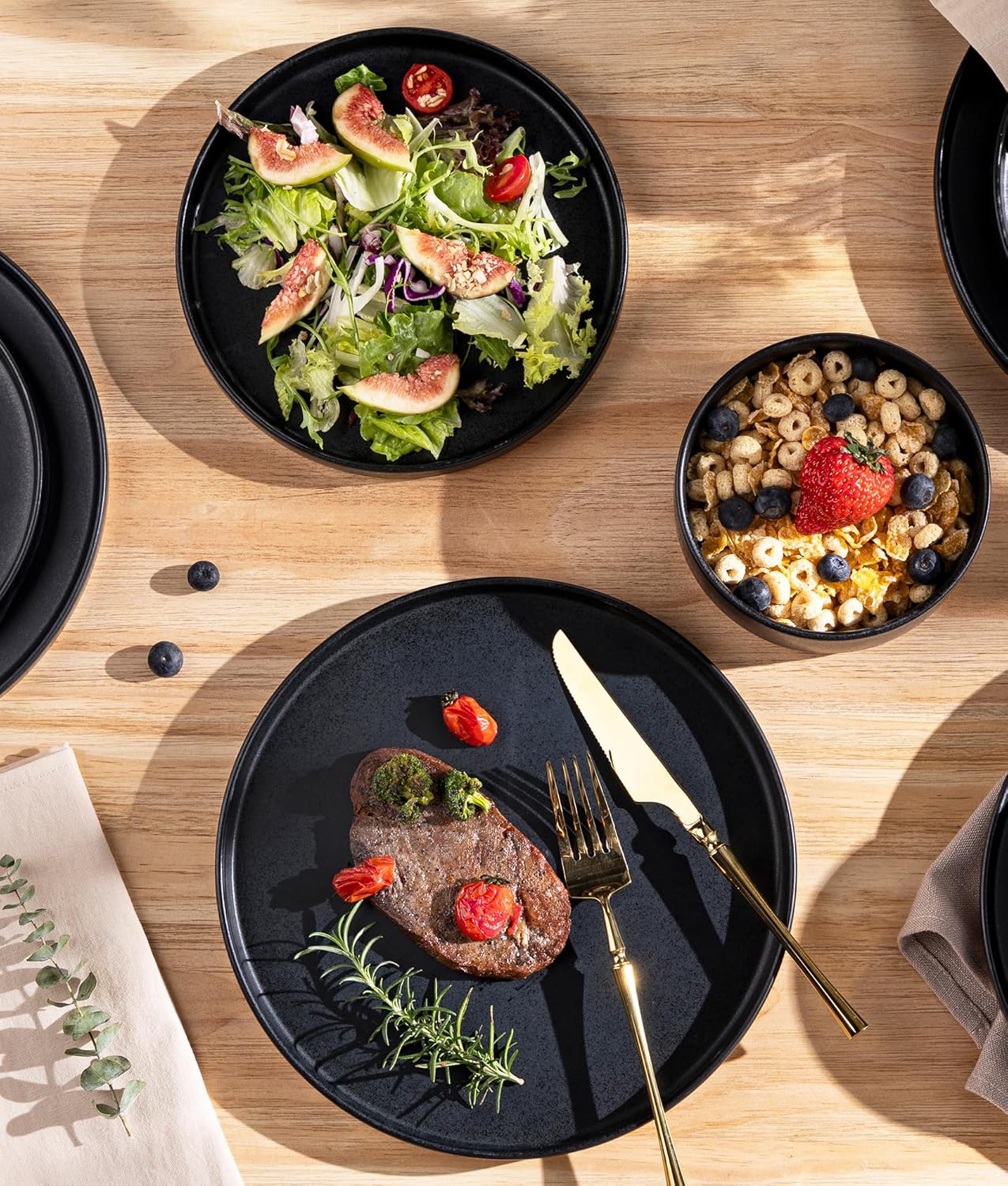 TheTerra Ceramic Dinnerware Sets for 6, 18 Pieces Handmade Reactive Glaze Plates and Bowls Set, Scratch Resistant Dish Set, Oven & Microwave & Dishwasher Safe, Matte Black