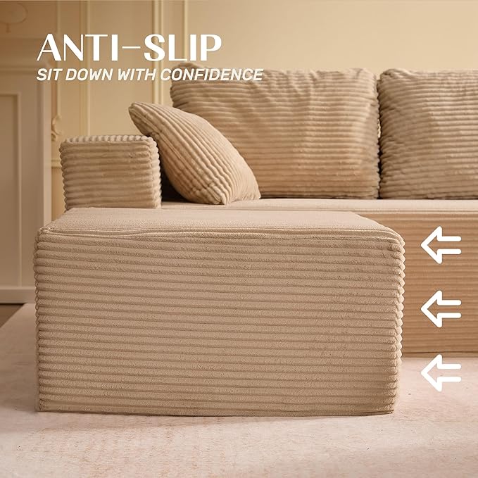 Afuson 107" Boneless Couch with Deep Seat, Modular Sectional Sofa, Cloud Sectional Couch for Living Room, No Assembly Required, Corduroy, U-Shape 3 Seater Right, Camel