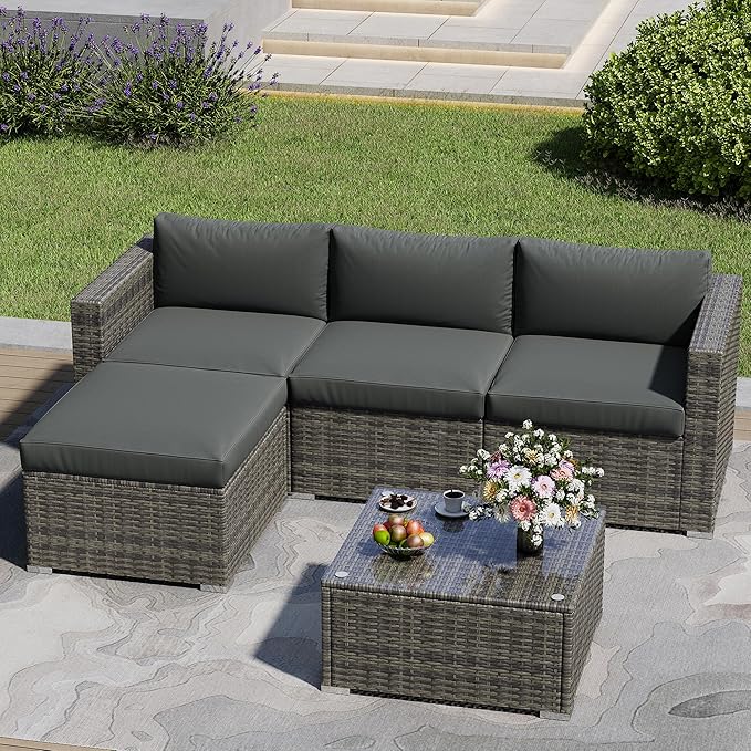 May in Color 5 Piece Outdoor Patio Sectional Furniture Set, Weather Resistant Rattan Outside Couch, Waterproof Conversation Sofa for Balcony, Porch, Backyard, Deck, Garden, Grey