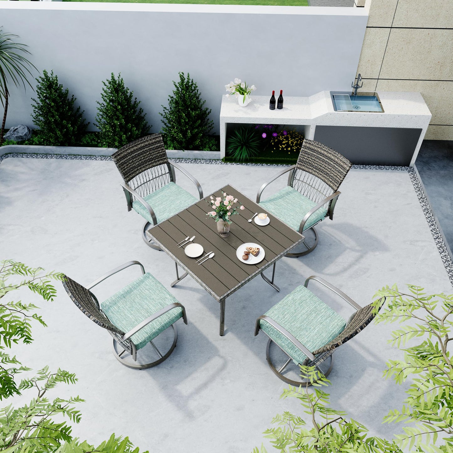 Pamapic 5 Piece Patio Dining Set for 4,Outdoor Wicker Furniture Set for Backyard Garden Deck Poolside with 4 Cushions Swivel Rocker Chairs, Square Iron Slats Table Top, Removable Cushions(Green)