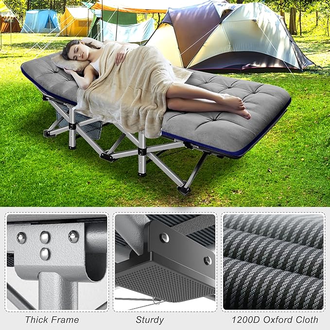 ABORON Camping Cot for Adult 28" Extra Wide, Heavy-Duty 1200D Oxford Cot for Sleeping, Portable Folding Camp Bed with Mat & Carry Bag