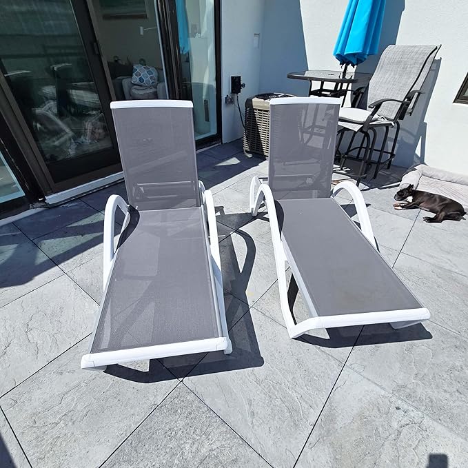 PURPLE LEAF Patio Chaise Lounge Chair with Armrests Outside Aluminum Plastic Stackable Tanning Chairs for Pool Sunbathing Beach Deck Outdoor Lounger, Light Grey