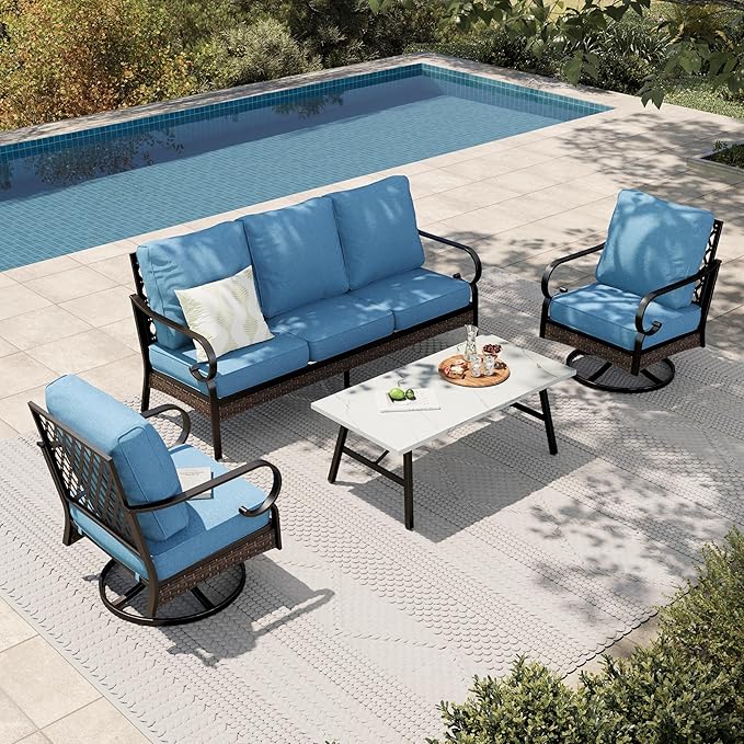 HERA'S HOUSE 4 Piece Metal Patio Furniture Set, All Weather Outdoor Conversation Set with 3 Seat Sofa, 2 Swivel Chairs & Coffee Table, Seats 5 for Backyard, Garden, Deck, Navy Blue