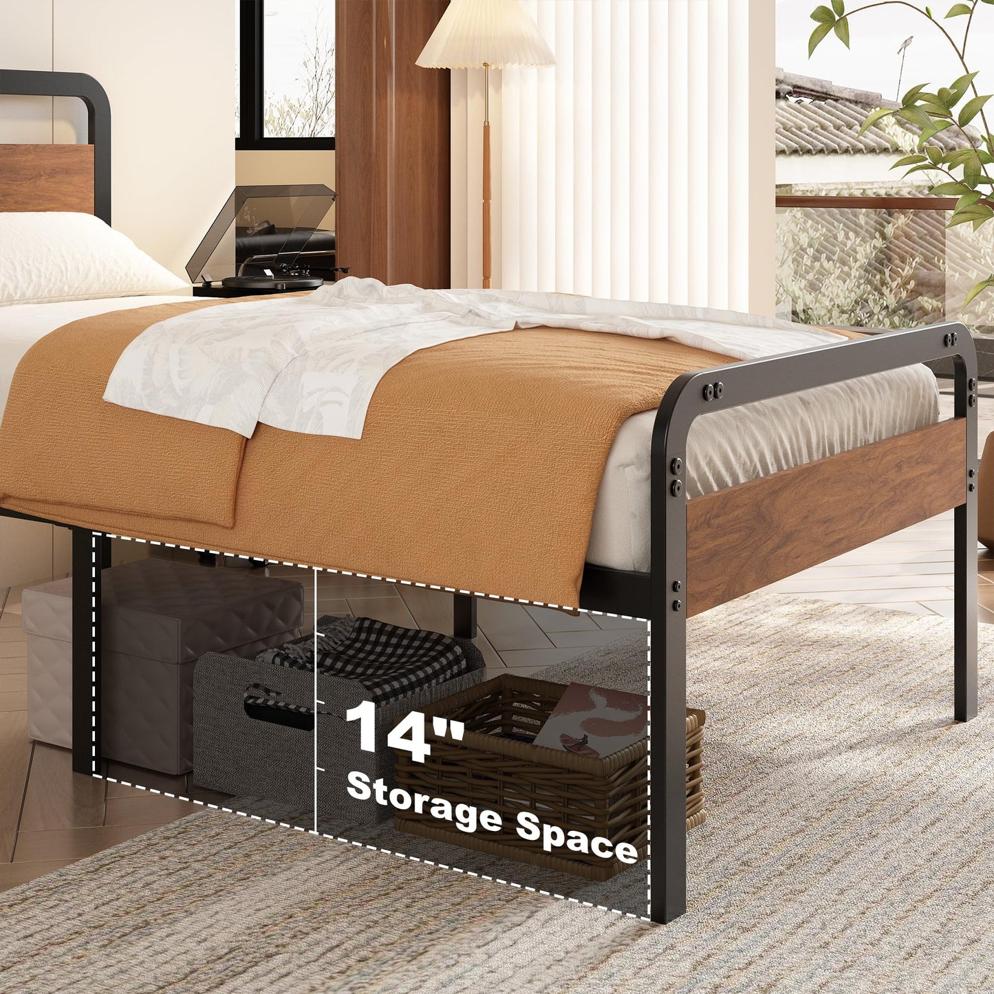 EMODA 16 Inch Twin Size Bed Frames with Wooden Headboard and Footboard, Heavy Duty Metal Slats Support Mattress Foundation, No Box Spring Needed, Easy Assembly