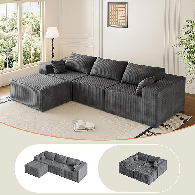 CABZOON 110" Cloud Couch Sectional for Living Room L-Shape Boneless Couches Modular Sectional Sofa with Deep Seat Plush with Chaise,No Assembly Required, Carbon Gray(Plush Corduroy Fabric)