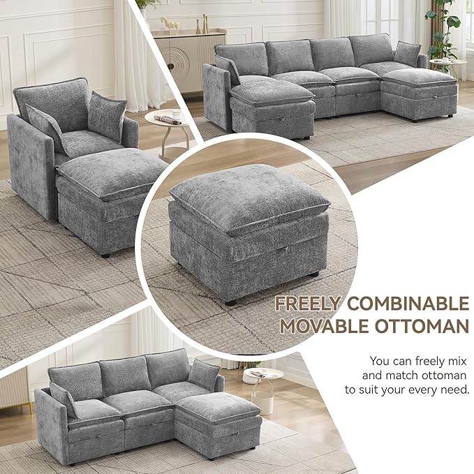 Abbrevi 27" Large Square Ottoman with Storage, Modern Upholstered Footrest with Anti-Slip Legs for Couch Coffee Table Living Room, Bedroom, Entryway, Chenille Light Grey
