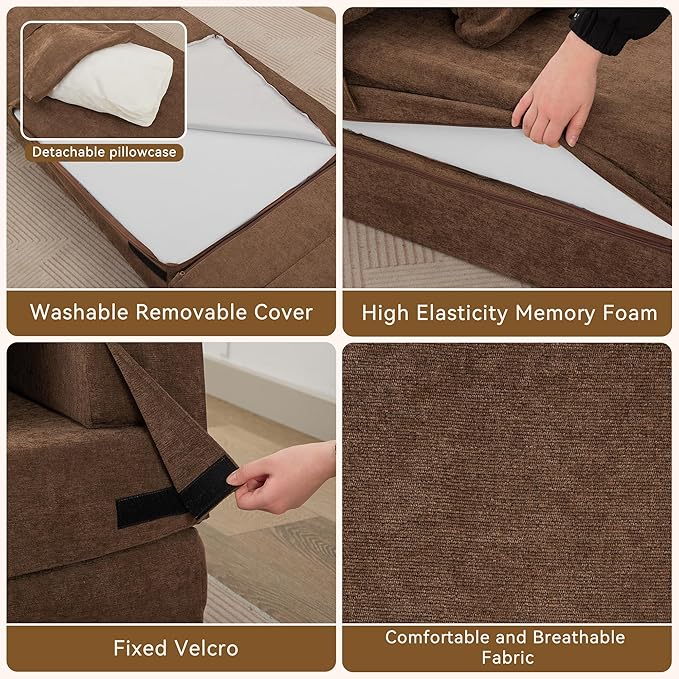 WUTUTUEE Folding Sofa Bed Convertible Floor Couch Foldable Chair Bed with Pillow，Linen Sleeper Chair Futon,Foldable Memory Foam Mattress for Bedroom/Living Room/Dorm/Office (Brown, Standard)