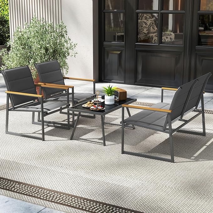 Tangkula 4 Piece Patio Furniture Set, Outdoor Metal Conversation Set with Padded Fabric Seat & Wood-Plastic Armrests, Sectional Sofa Set with Tempered Glass Coffee Table for Backyard, Porch (Gray)
