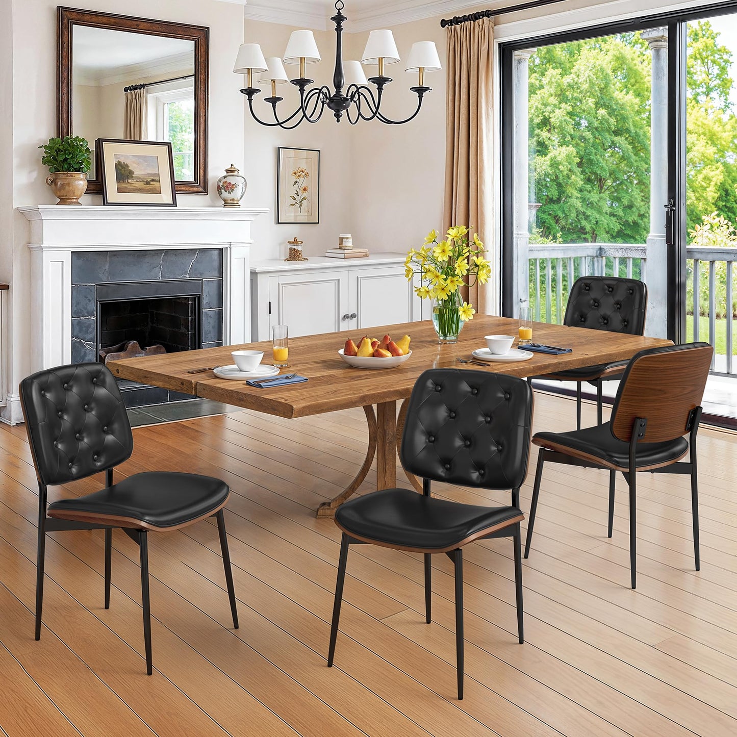 Cozyman Dining Chairs Set of 4, Mid-Century Modern PU Leather Dining Chair with Walnut Bentwood Back and Metal Legs, Upholstered Seat for Kitchen and Dining Room, Black