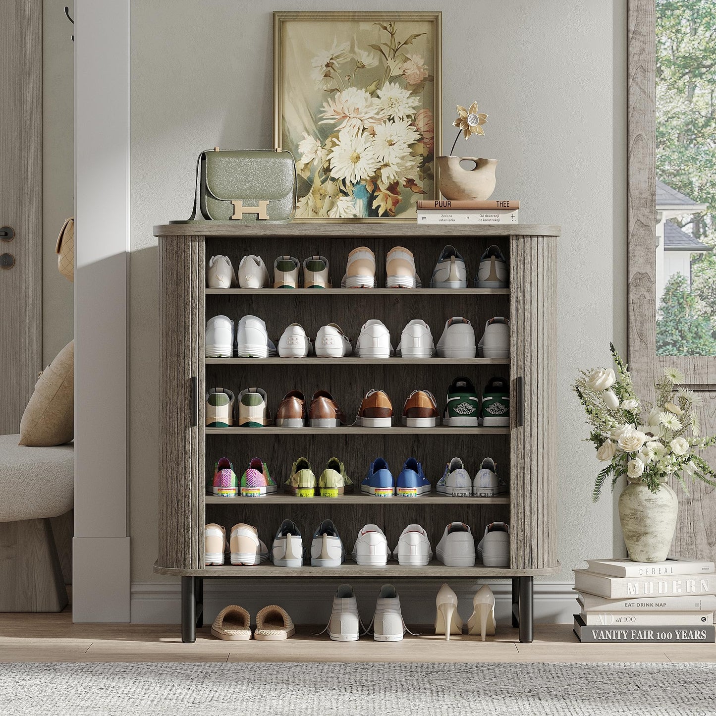 Maupvit Shoe Storage Cabinet with Smooth Fluted Sliding Doors, 5-Tier Shoe Cabinet Storage for Entryway, Narrow Hidden Shoe Rack for Front Door Entrance, Metal Handles and Legs, Grey