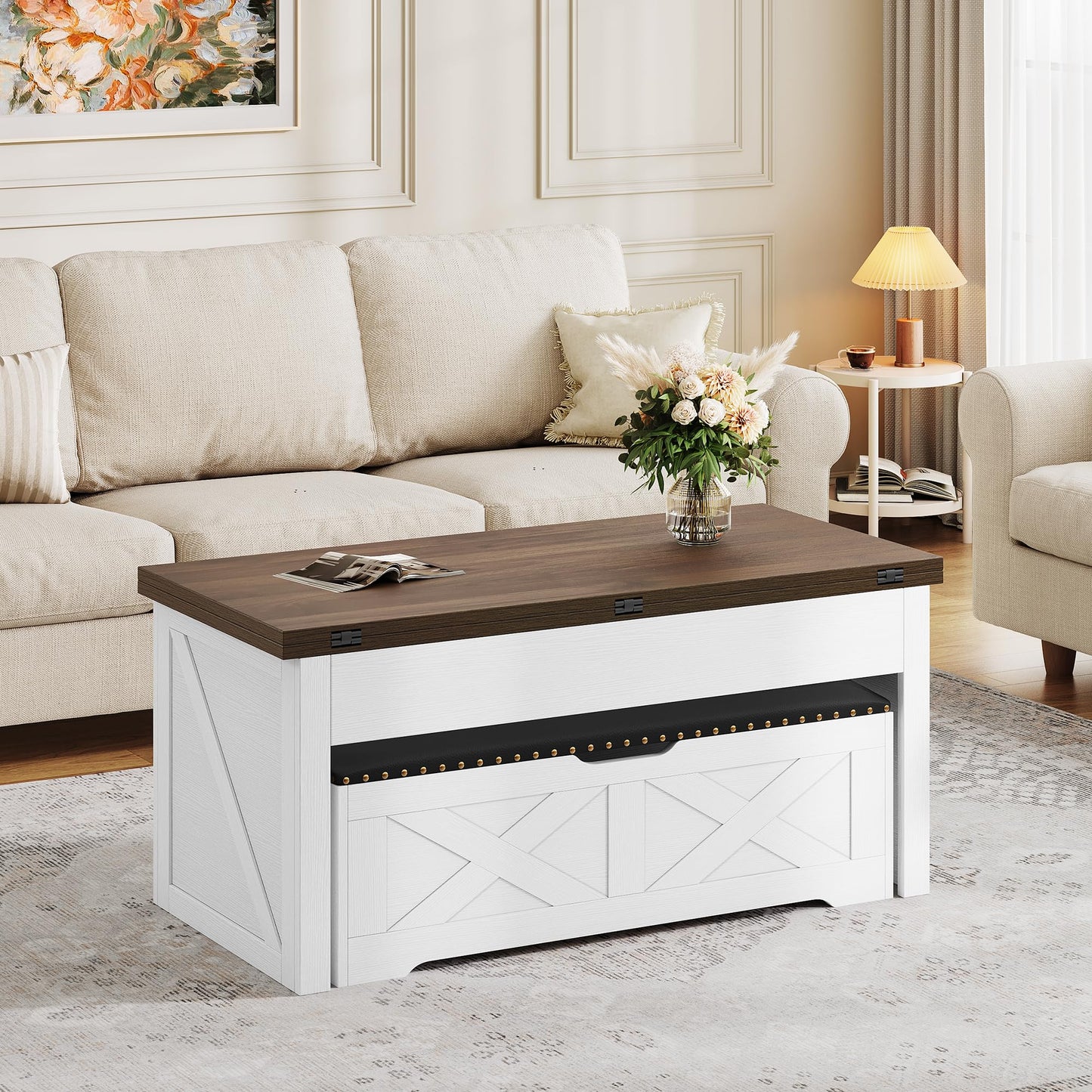 YITAHOME Lift Top Coffee Table Set with Storage Ottoman Bench & Wheels, 4 in 1 Convertible Dinning Center Tables with Hidden Compartment, Farmhouse Coffee Tables for Living Room Furniture, Brown Top