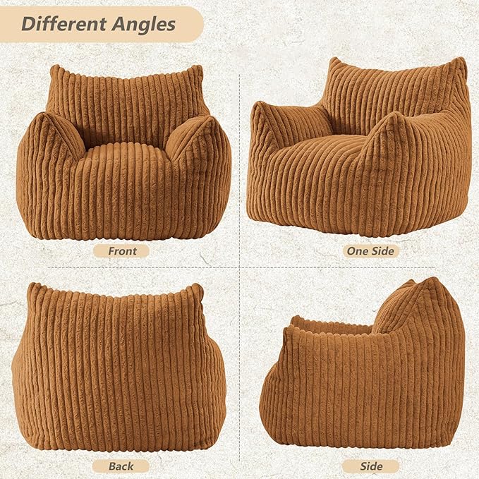 Achicsofar Giant Bean Bag Chairs for Adults Teens, Large Bean Bag Sofa Chairs with Filling Comfy Fuzzy BeanBag Chair with Armrests for Bedroom Living Room Reading (Brown, Large)