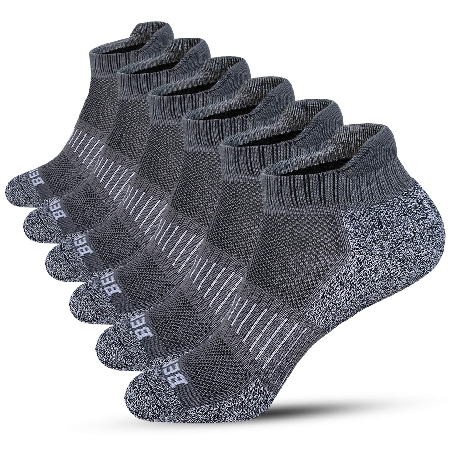 BERING Men's Athletic Running Ankle Socks Cushioned Heel Tab, Size 9-12, Dark Grey, 6 Pairs