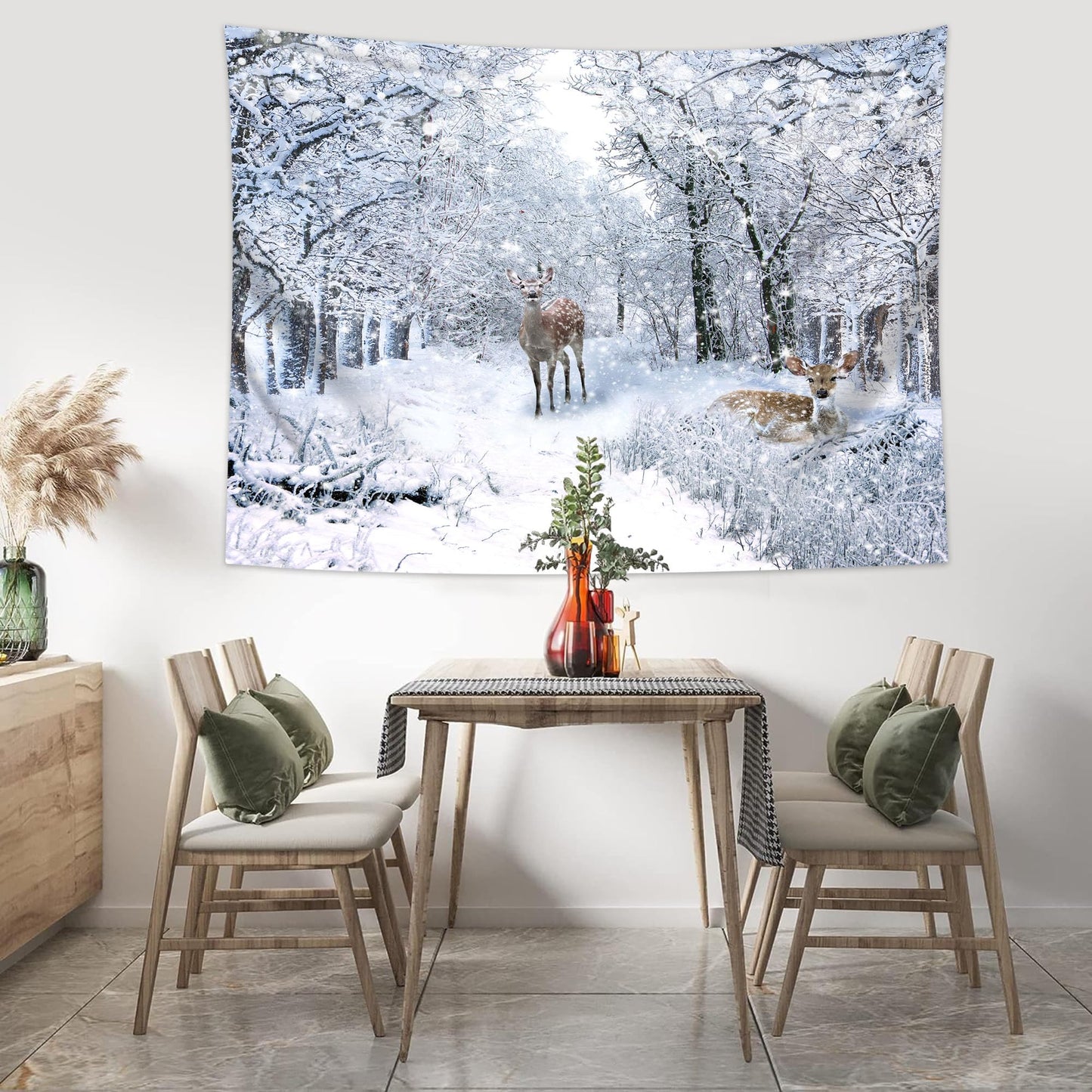 QGHOT Winter Tapestry Wall Hanging, Snow Scene Backdrop Winter Wonderland Wall Decor Snowy Forest Wall Art Nature Woodland Deer Tapestry for Bedroom Room Dorm Party Decoration, Large