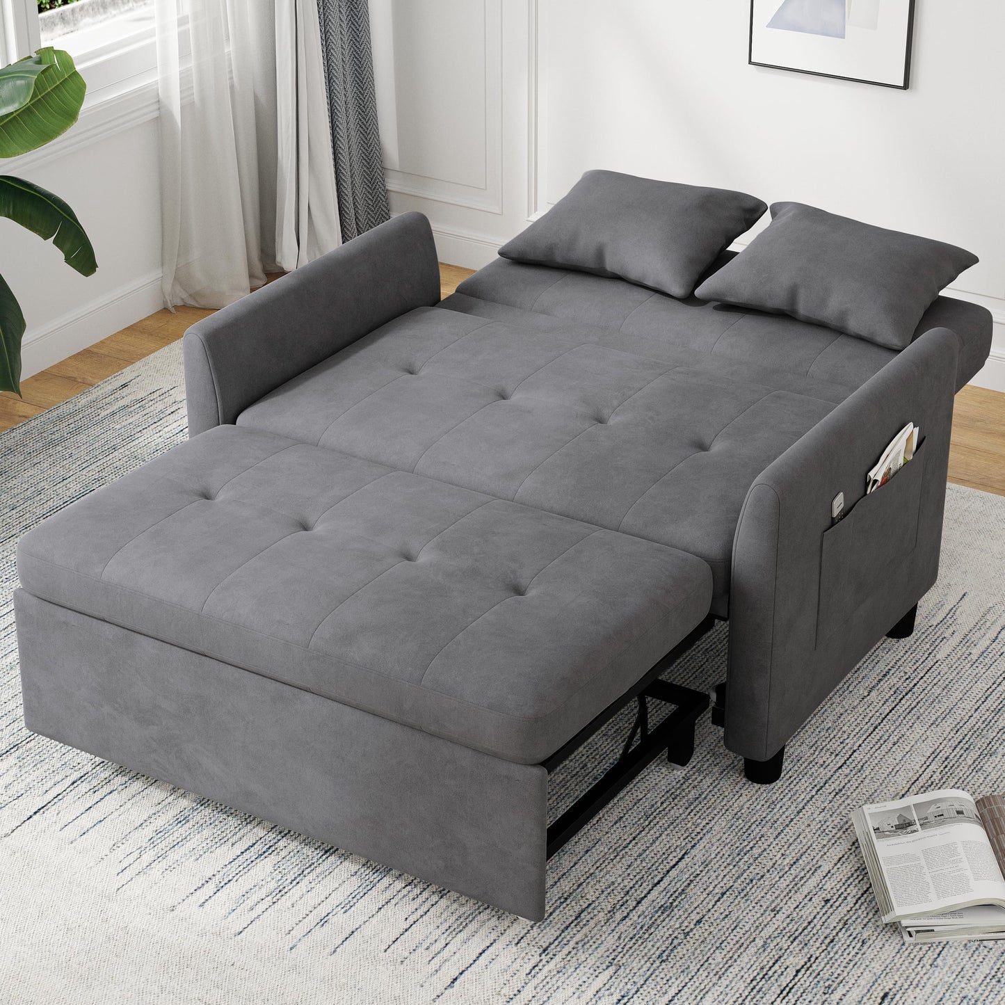 AYEASY Sleeper Sofa Bed, 3 in 1 Convertible Sleeper Couch Bed Pull Out, Small Loveseat Sofa, Futon Sofa Bed Full Size, 46" Velvet Love Seat with Pillow and Phone Holder for Living Room, Grey