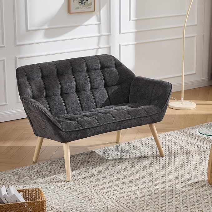 Hyfirm Small Loveseat Sofa, 48 inch Chenille Love Seat for Living Room Comfy Mini Couch with Wood Legs for Small Spaces Bedroom Apartment Office, Dark Grey