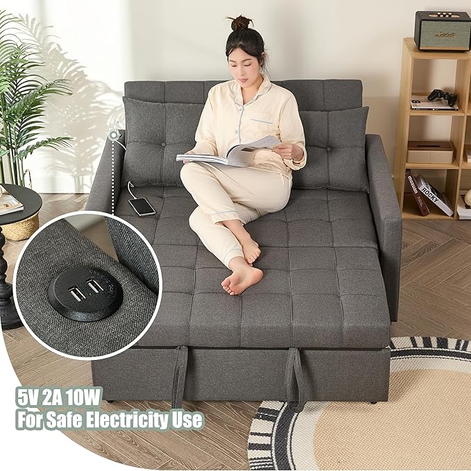 GOSUHI 52" Sleeper Sofa with Pull-Out Bed, 3-in-1 Convertible Sofa Bed, Loveseat with Stepless Adjustable Backrest and Side Pocket, for Living Room Dorm Apartment, Linen, Dark Gray