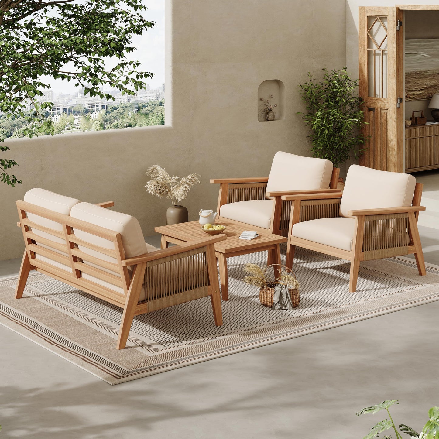 Merax Outdoor 4-Piece Acacia Wood & Rope Sectional Patio Set, Loveseat, Chair & Table with Water-Repellent Cushions