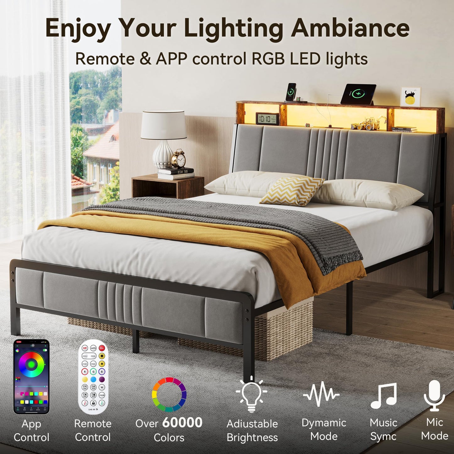 BedsPick Queen Bed Frame with Ergonomic Headboard, Upholstered Metal Platform Bed Queen Size with 2-Tier Storage, Charging Station, Smart LED Lights, Easy Assembly, No Box Spring Needed, Grey