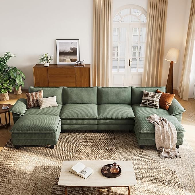 LINSY HOME 157'' Modular Sectional Sofa Green Couch Corduroy Cloud Couches for Living Room, U Shaped Couch with Movable Ottoman, Modern Cloud Sectional Sofas for Bedroom and Apartment, Green