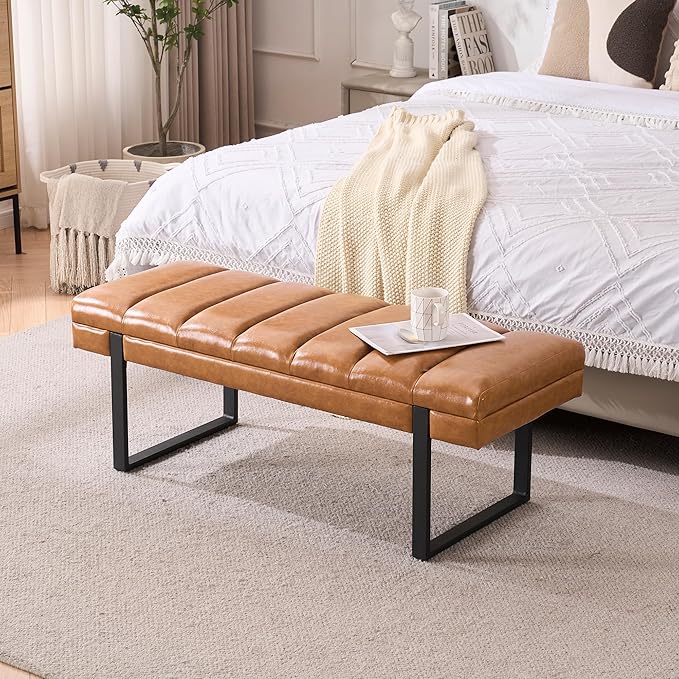 AIITTCC Faux Leather Ottoman Bench, Tufted Padded End of Bed Bench with Metal Legs, Upholstered Shoe Bench for Bedroom Living Room Entryway Window (Camel Brown, 46" Wide)