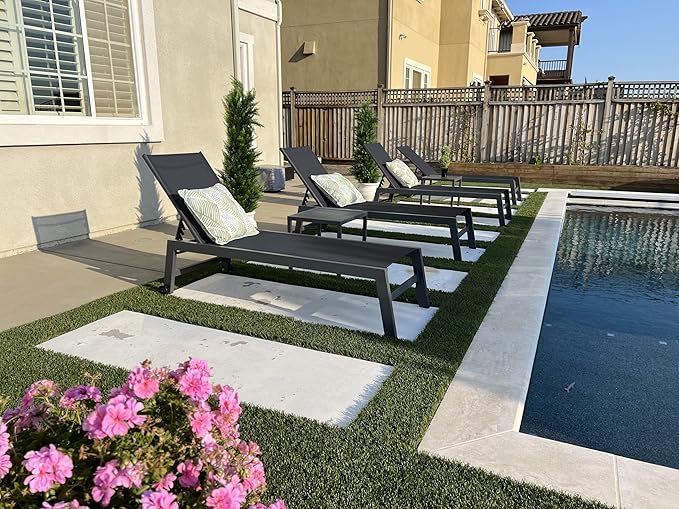 PURPLE LEAF Patio Chaise Lounge Set for 2 Outdoor Chaise Lounge Chair with Aluminum Frame and Wheels Pool Lounge Chairs for Deck Yard Poolside Table Included, Dark Grey