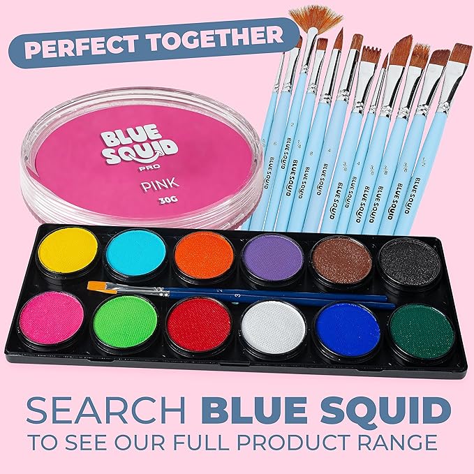 Blue Squid Face Paint Water Based Single Cake Professional Face Paint & Body Paint - Water Activated, Kids Adults Face Painting for Costume, Halloween Makeup, Cosplay - Classic Hot Pink Face Paint 30g