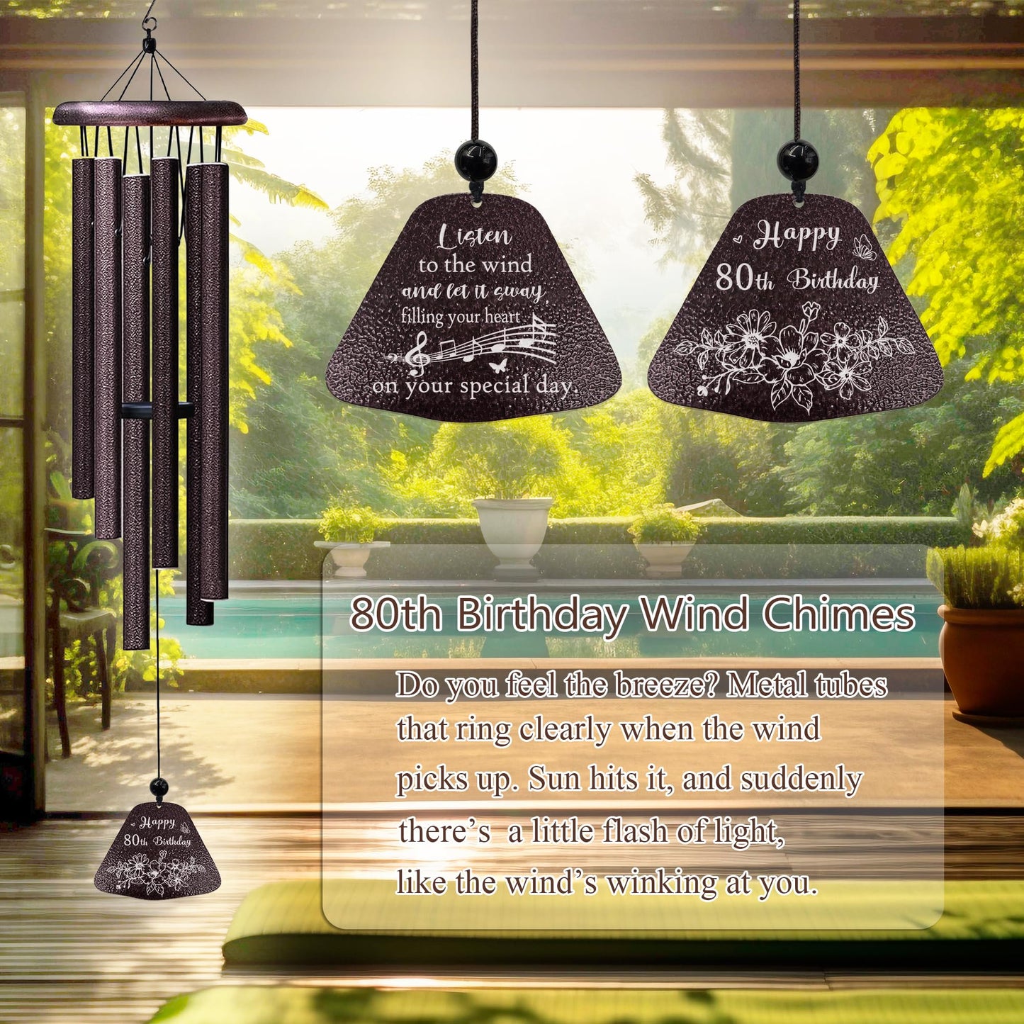 Yesruby 80th Birthday Gifts for Women/Men, 80th Birthday Decorations 32” Wind Chimes Outside, 80 Year Old/1945 Bday Gifts for Men/Women