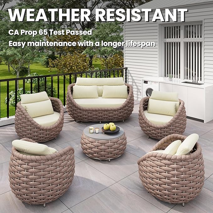 Erotr Aluminum Deck Outdoor Furniture Set: 6 Pieces Rope Patio Conversation Sofa Set - Modern Woven Porch Couch Set Cushioned - No Assembly All Weather for 660lbs Yard Garden Lanai Hotel, Terracotta