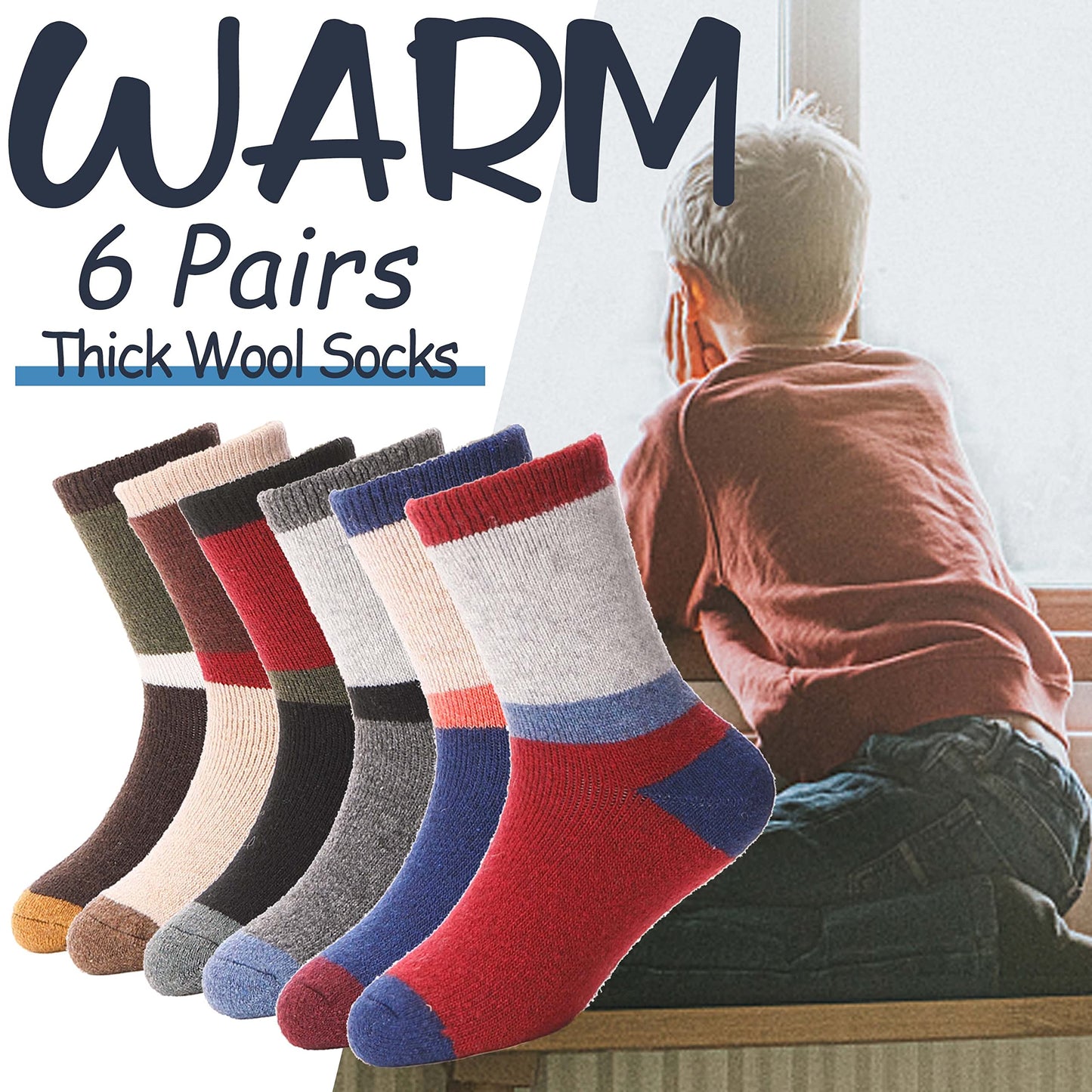 EBMORE Kids Merino Wool Socks for Toddlers Boys Girls Warm Thermal Winter Thick Hiking Heavy Cozy Crew Boot Socks 6 Pairs （Color Block,1-3 Y