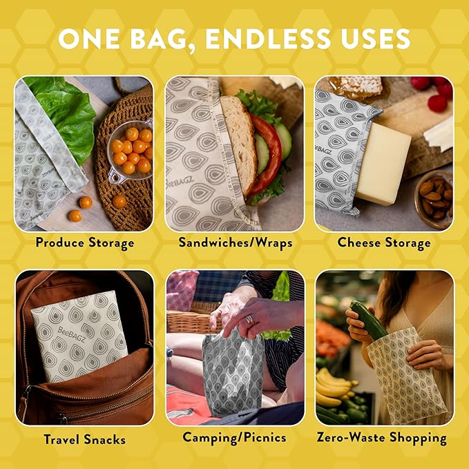 BeeBAGZ - Beeswax Wrap Storage Bag, Reusable Food Storage Bags, Pack of 3, Plastic Free Biodegradable Food Wrap Alternative, Starter Pack, 1 Small + 1 Medium + 1 Large, (Grey)