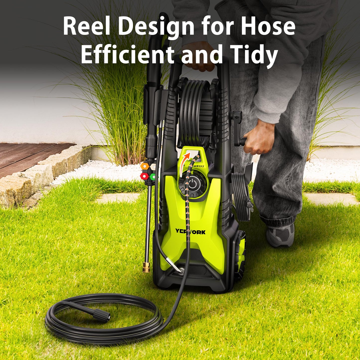 Yeryork Adjustable 4000 PSI Pressure Washer,2.5 Max GPM Power Washer with 33 FT Retractable Hose Reel, Stainless Steel Lance, 500ml Foam Cannon, 4-Nozzle Set, Washer for Cars, Fences, Patios