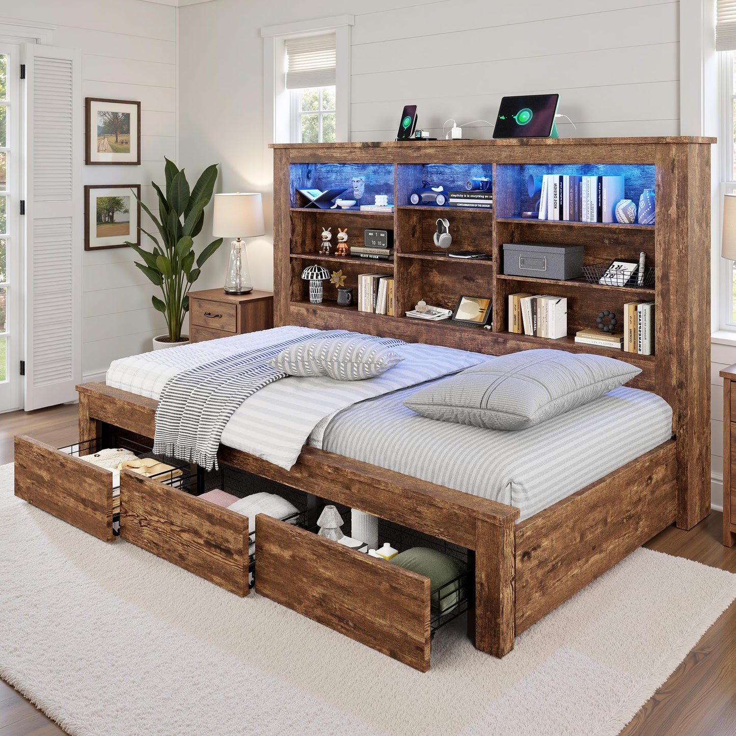 Jocisland Twin Daybed with Bookcase Headboard, USB-C Charging, RGB Lights & 3 Drawers, No Box Spring Needed, Wood Bed Frame for Teens, Dorms, Guest Room, Rustic Oak