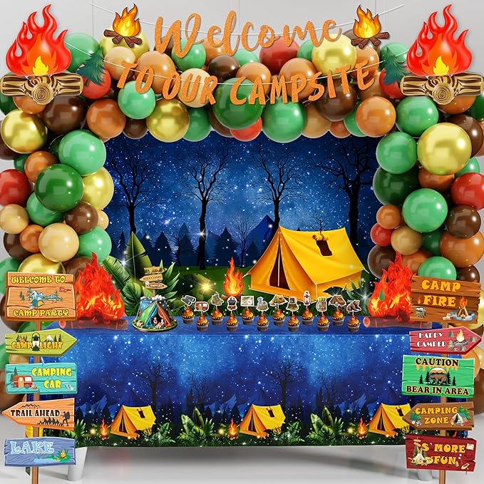 105 PCS Camping Birthday Party Decorations Kit with 3D Campfire & Forest Backdrop - Reusable Camp Theme Decor for Baby Sho...
