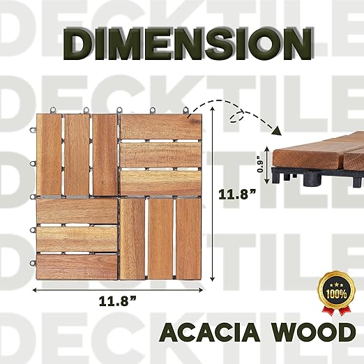 VICTORY RELAX Acacia Wood Decking Tiles 27PCS - Easy Snap Interlocking Deck Tiles for Patio Poolside Balcony Decor - All Weather Waterproof Flooring for Indoor & Outdoor (Round Joints)
