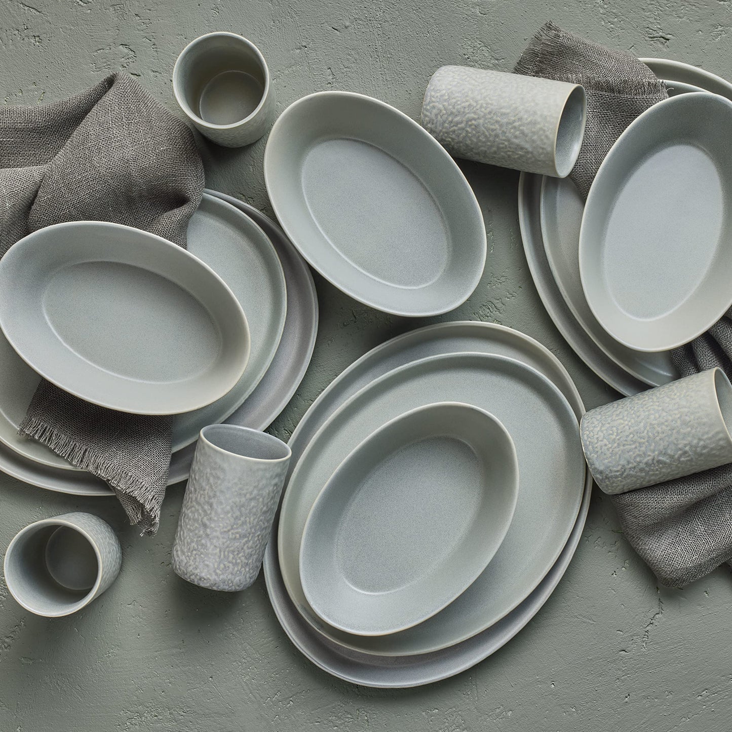 Stone Lain by Mercer Oval Stoneware 16-Piece Dinnerware Set, Light Grey