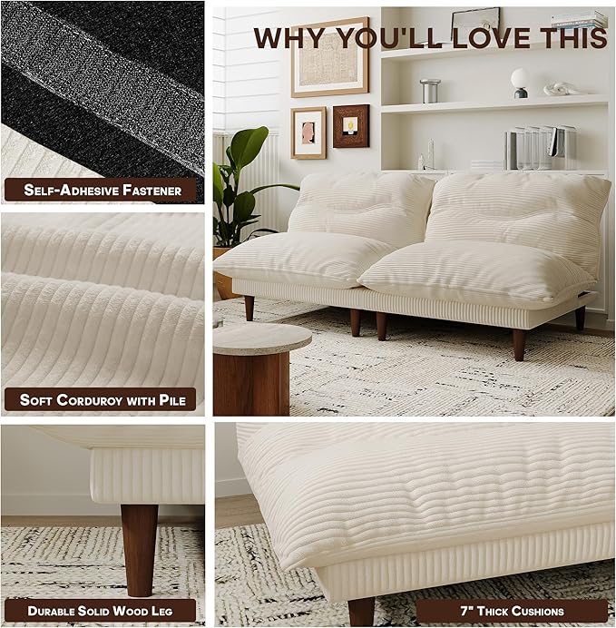 DreamDashio Futon Sofa Bed, 4 in 1 Multi-Functional Futon Couch with Adjustable Backrest, Convertible Sleeper Sofa Bed and Recliner Lounge, Loveseat for Living Room, Apartment, Office, 3 Sets, Beige