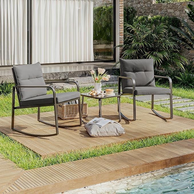 Gizoon 3 Piece Rocking Bistro Set, Black Steel Patio Furniture, Porch Chairs Conversation Set with Glass Coffee Table, Back Cushion, for Balcony, Garden, Deck, Backyard, Grey