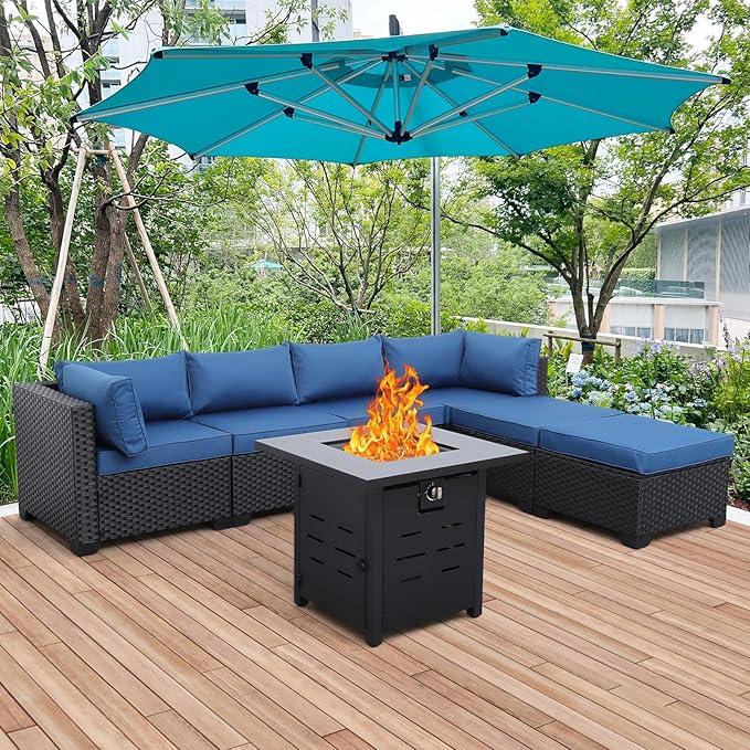 Lviden 7 Pieces Outdoor PE Wicker Furniture Set Patio Rattan Sectional Conversation Sofa Set with Navy Blue Cushions and Fire Pit Table